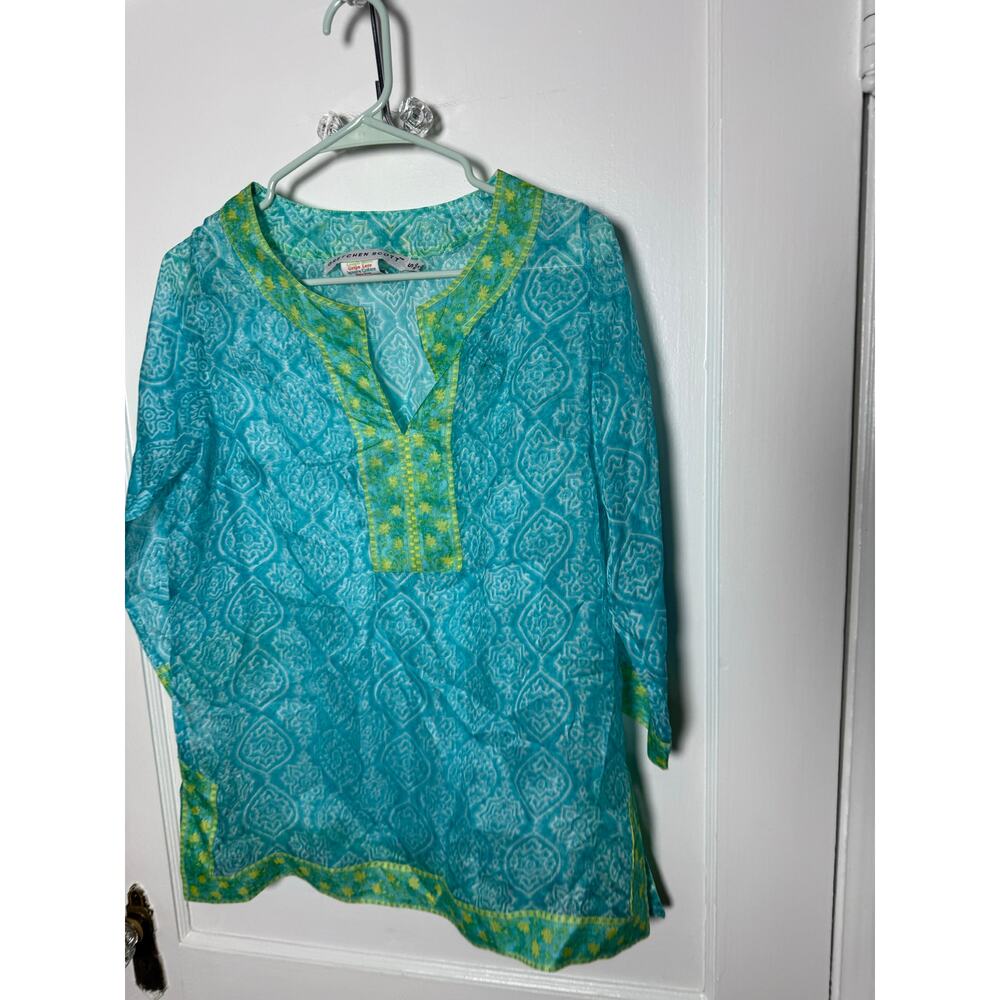 Gretchen Scott Blue Green Floral Silk Sheer Flowy Tunic Top Women's Size Small - Picture 2 of 8